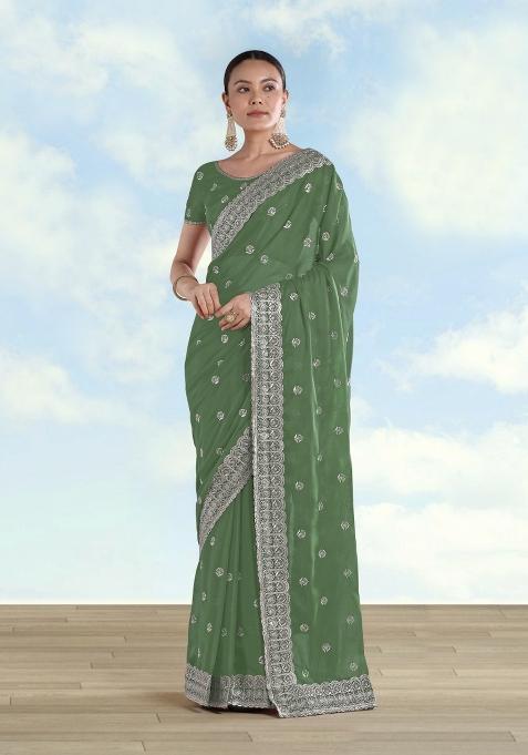Light Green Embroidered Georgette Saree Set