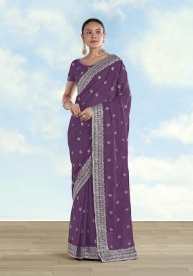 Lavender Embroidered Georgette Saree Set