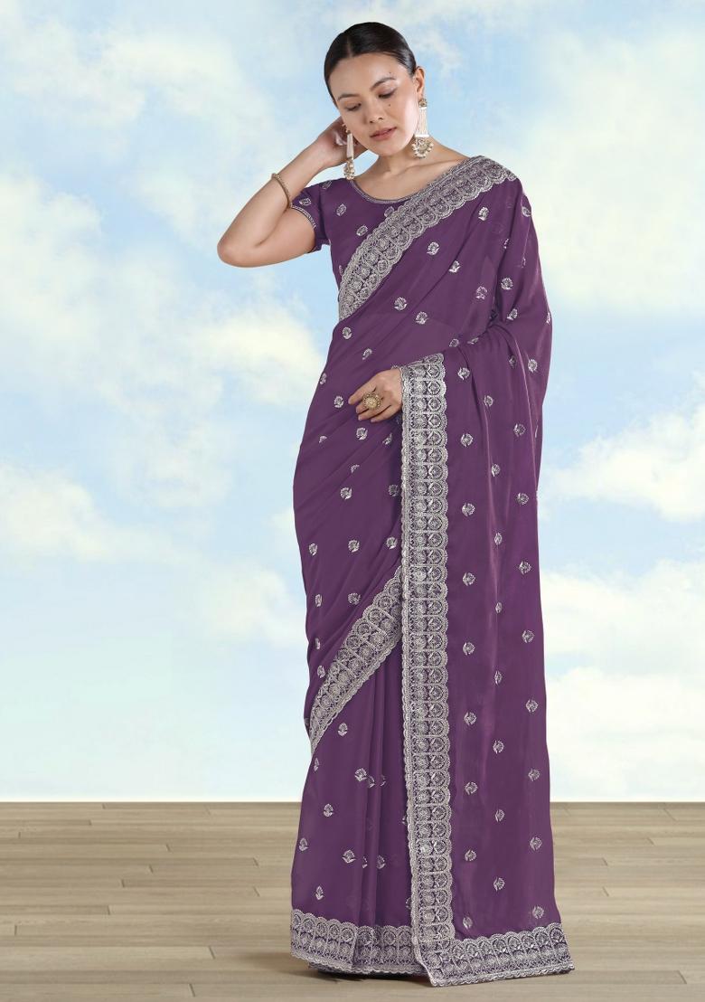 Lavender Embroidered Georgette Saree Set - Indya