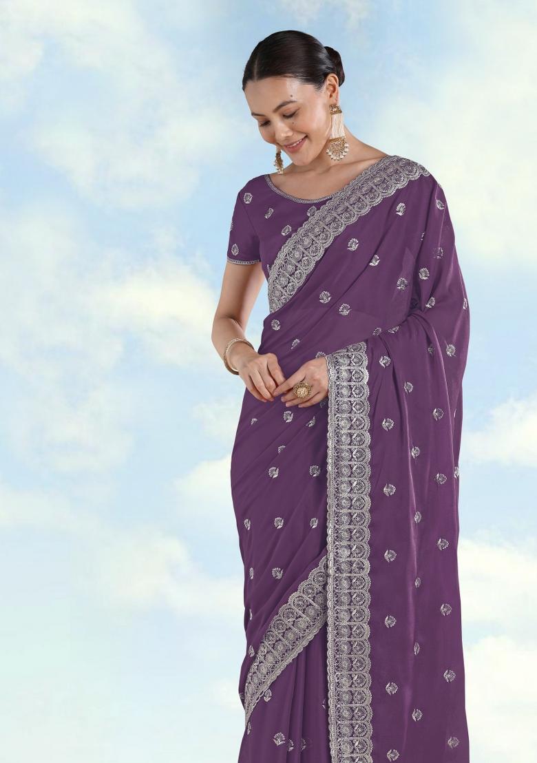 Lavender Embroidered Georgette Saree Set - Indya