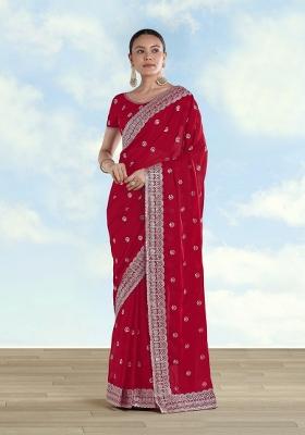 Pink Embroidered Georgette Saree Set