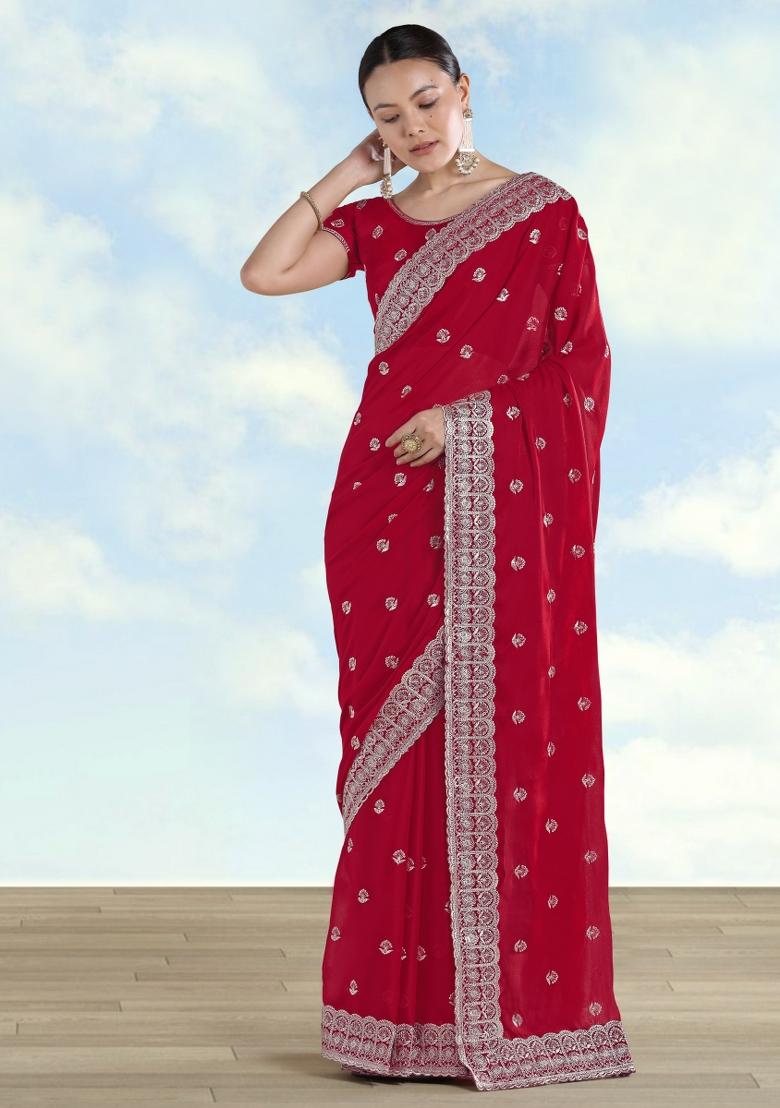 Pink Embroidered Georgette Saree Set - Indya