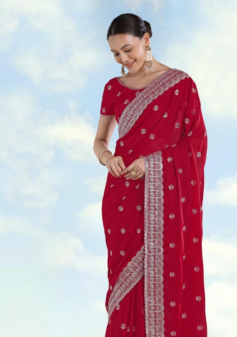 Pink Embroidered Georgette Saree Set - Indya