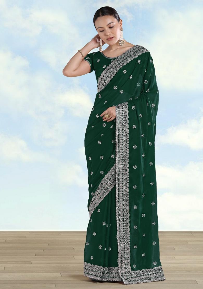 Green Embroidered Georgette Saree Set - Indya