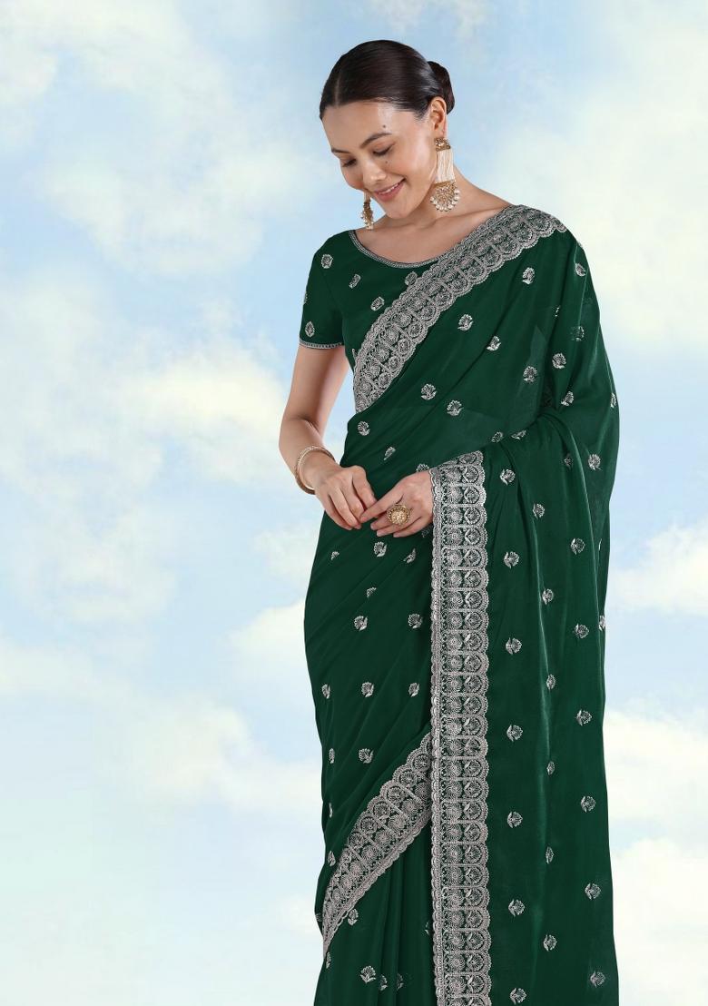 Green Embroidered Georgette Saree Set - Indya