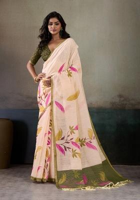 Multicolor Printed Linen Saree Set
