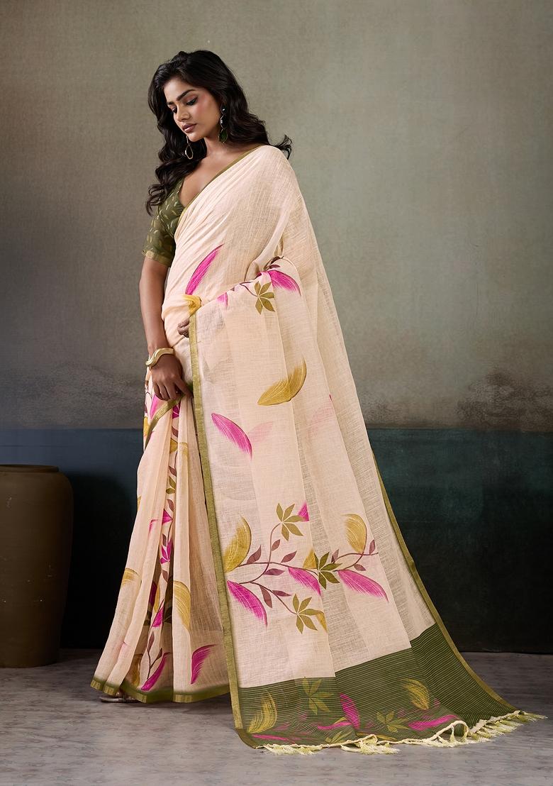 Multicolor Printed Linen Saree Set - Indya