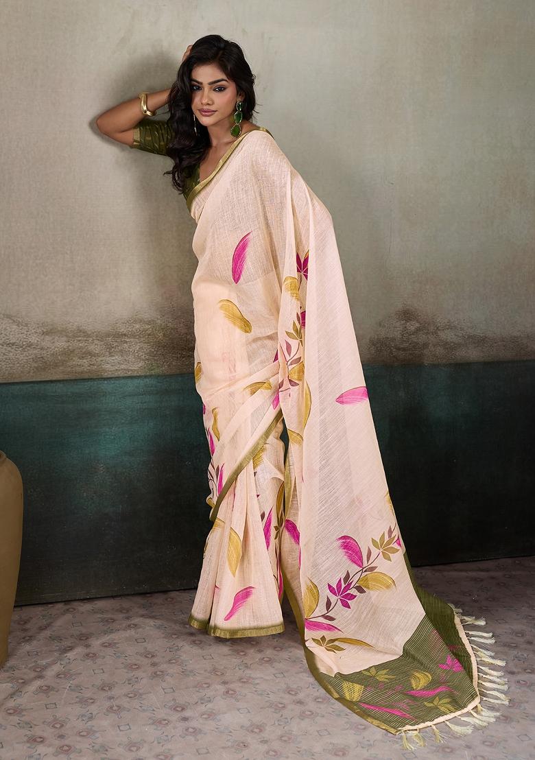 Multicolor Printed Linen Saree Set - Indya