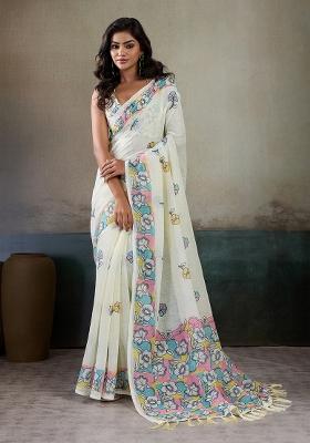 Multicolor Printed Linen Saree Set