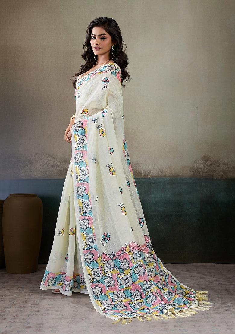 Multicolor Printed Linen Saree Set - Indya