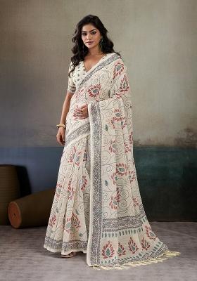 Multicolor Printed Linen Saree Set