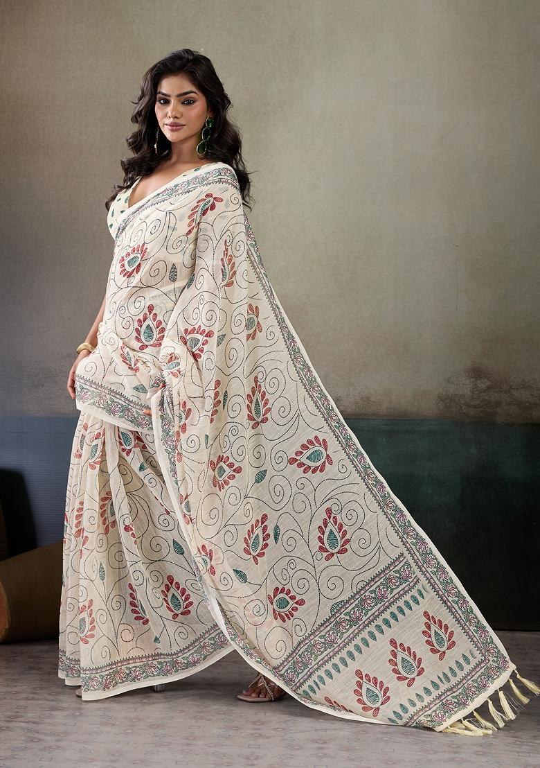 Multicolor Printed Linen Saree Set - Indya