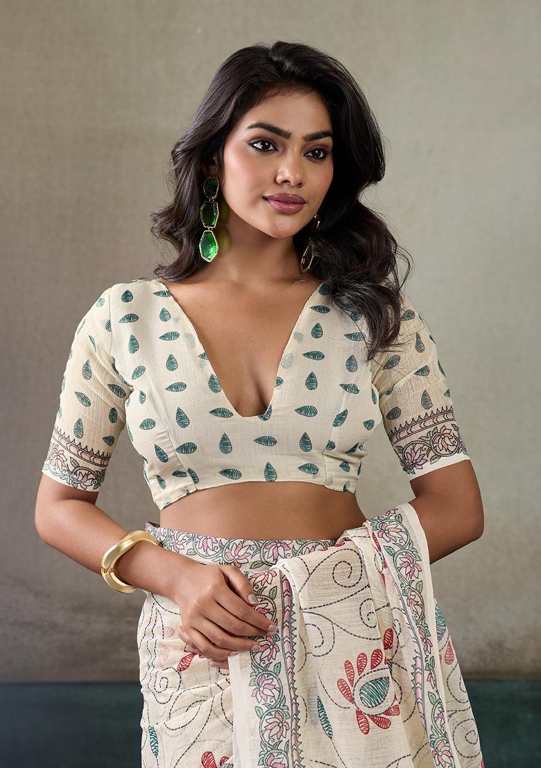 Multicolor Printed Linen Saree Set - Indya