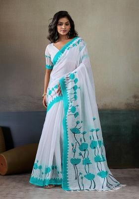Green Printed Linen Saree Set