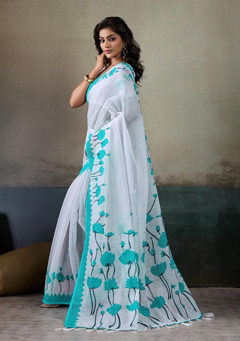 Green Printed Linen Saree Set - Indya