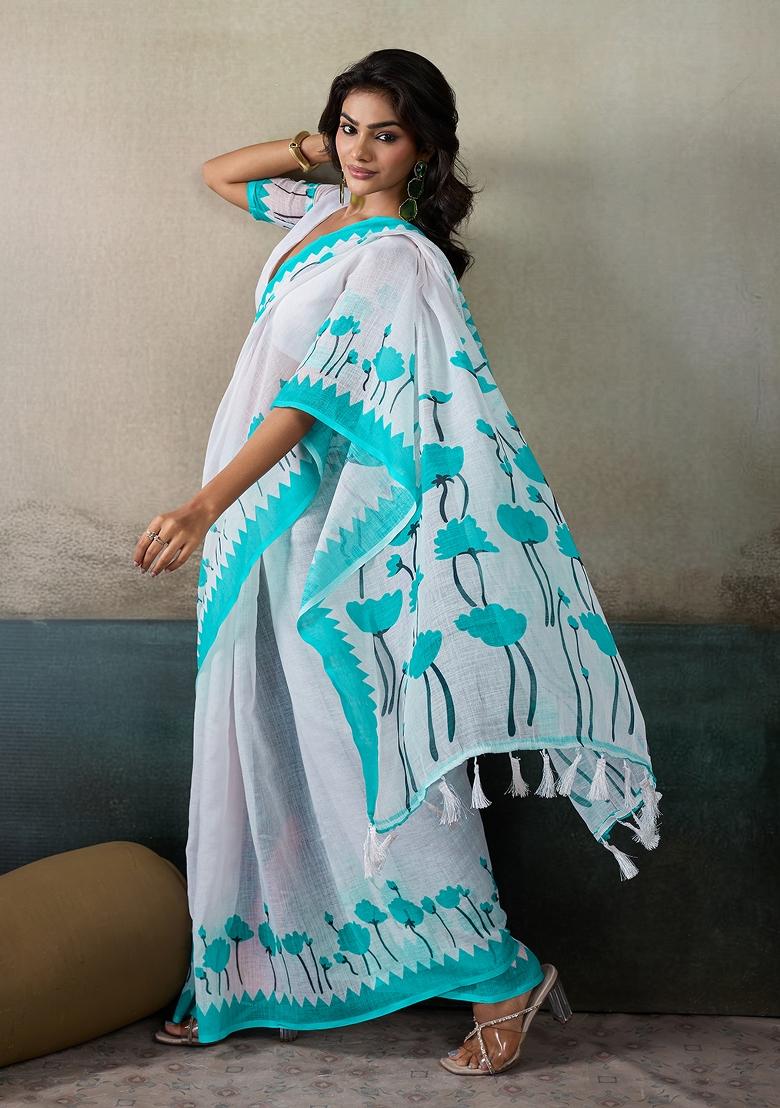 Green Printed Linen Saree Set - Indya