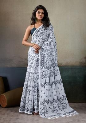 White Printed Linen Saree Set