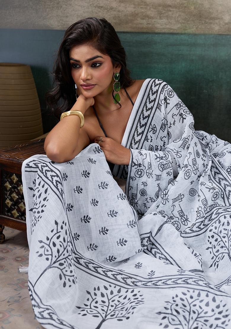 White Printed Linen Saree Set - Indya