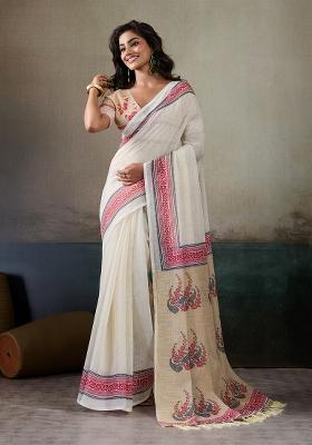 Multicolor Printed Linen Saree Set