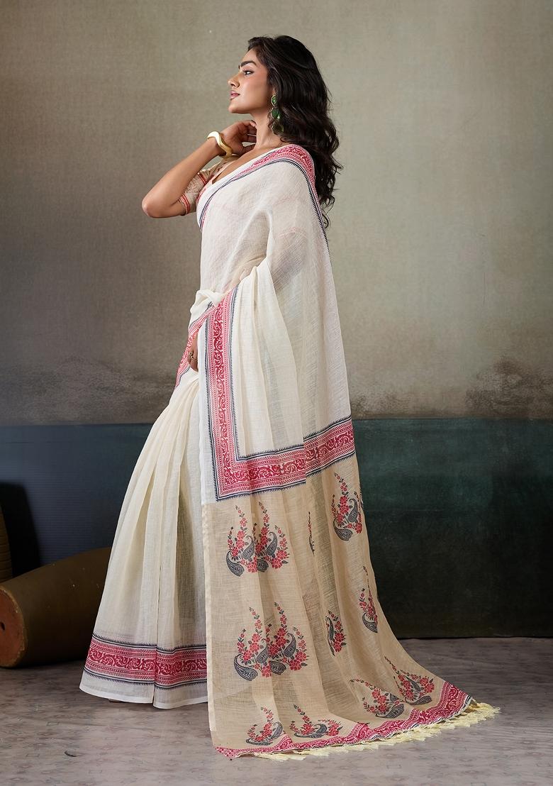 Multicolor Printed Linen Saree Set - Indya