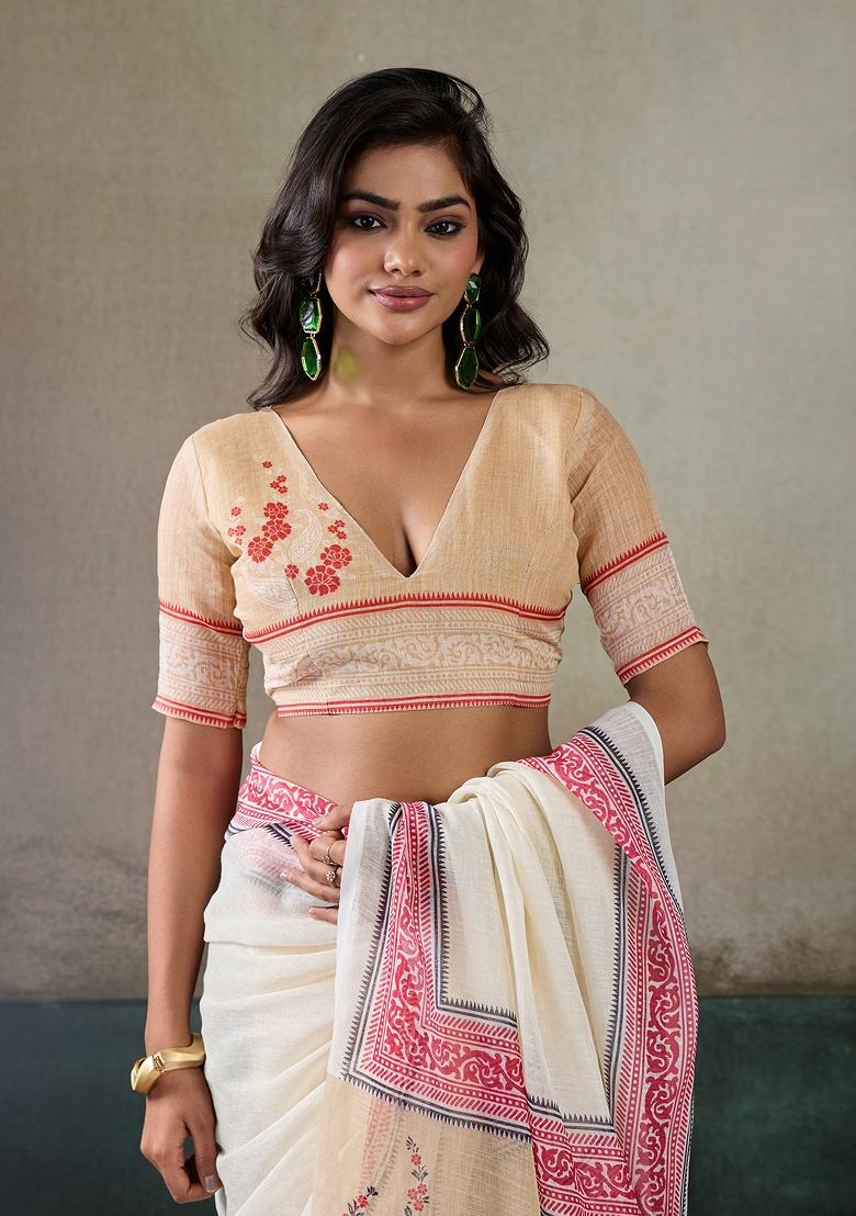 Multicolor Printed Linen Saree Set - Indya