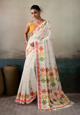 Multicolor Printed Linen Saree Set