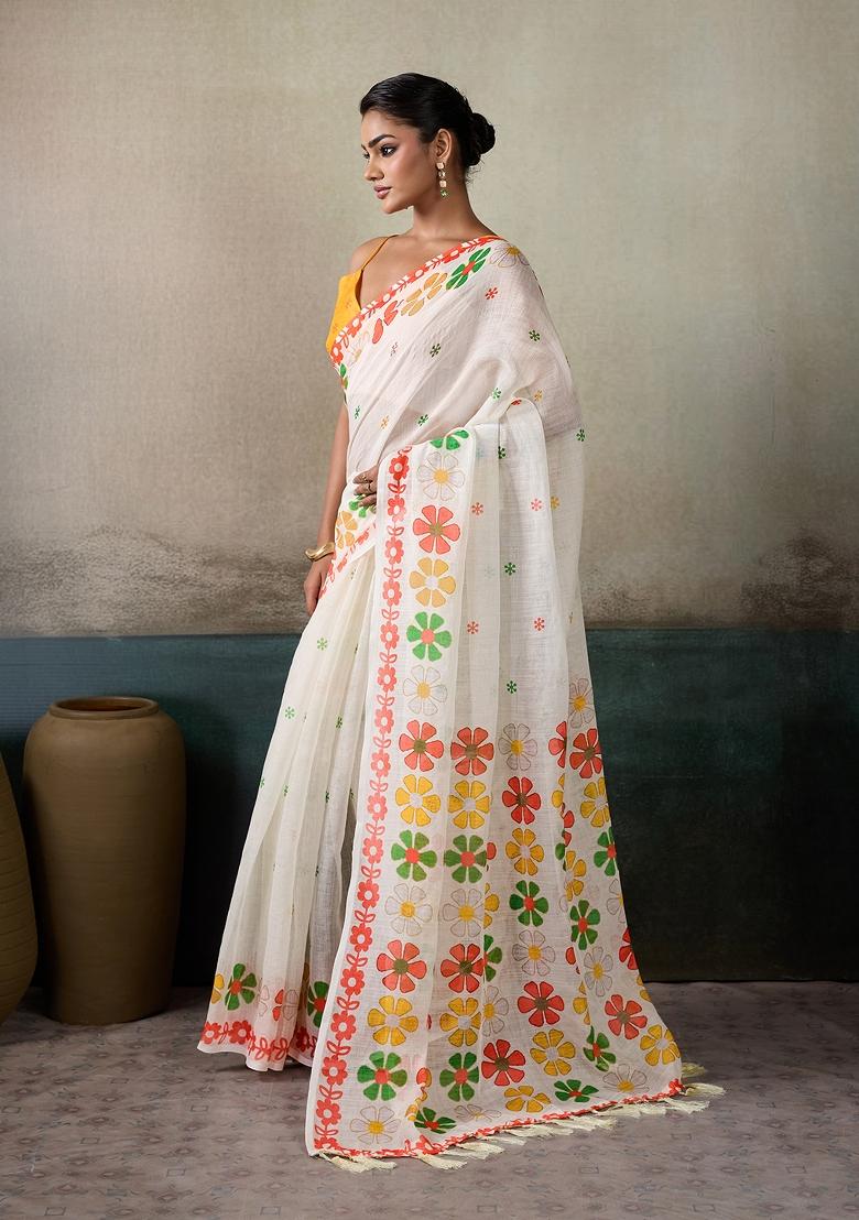 Multicolor Printed Linen Saree Set - Indya