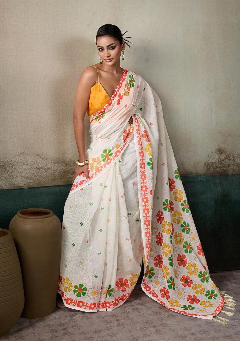 Multicolor Printed Linen Saree Set - Indya