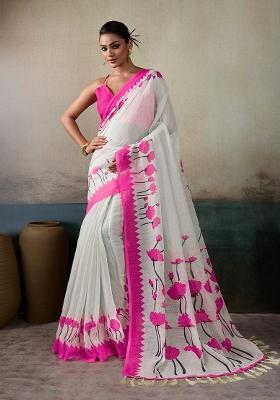 Pink Printed Linen Saree Set