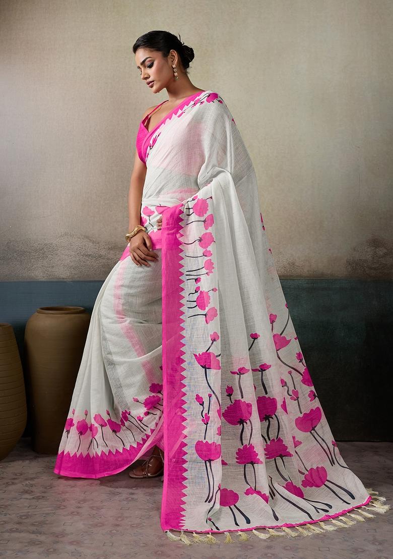 Pink Printed Linen Saree Set - Indya