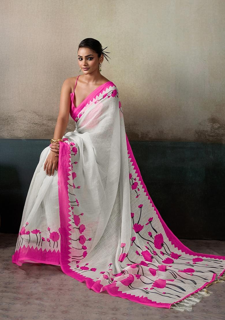 Pink Printed Linen Saree Set - Indya