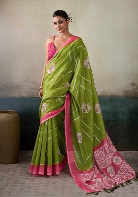 Green Printed Linen Saree Set