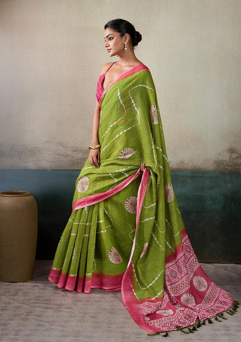 Green Printed Linen Saree Set - Indya