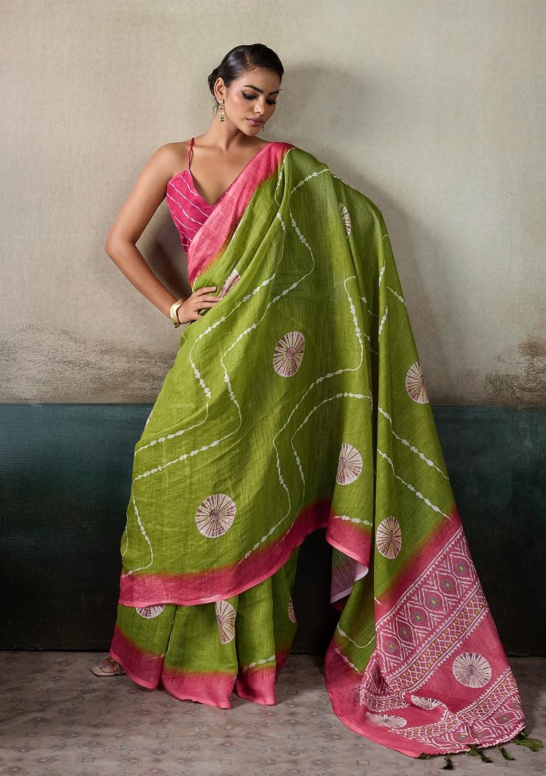 Green Printed Linen Saree Set - Indya