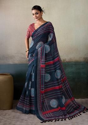 Multicolor Printed Linen Saree Set