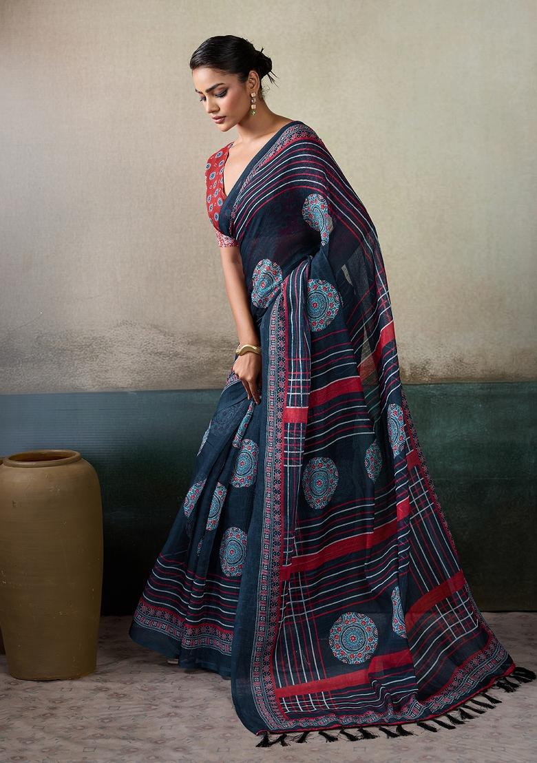 Multicolor Printed Linen Saree Set - Indya