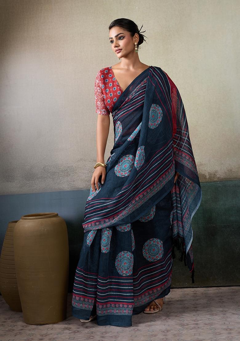 Multicolor Printed Linen Saree Set - Indya