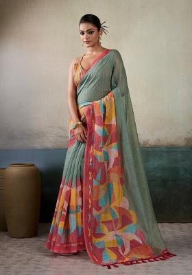 Multicolor Printed Linen Saree Set