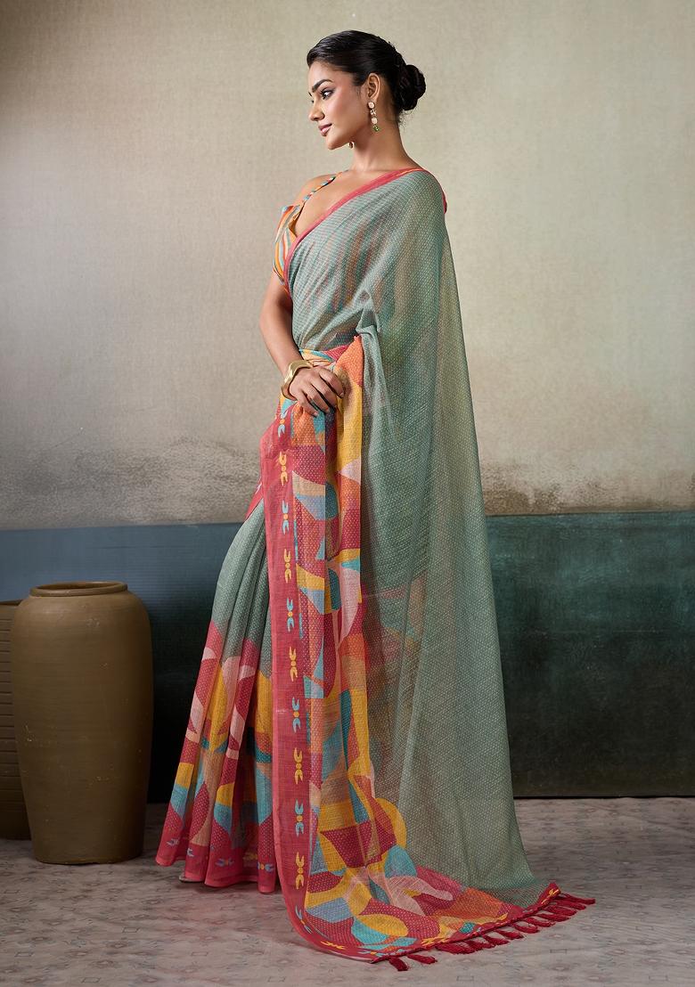 Multicolor Printed Linen Saree Set - Indya