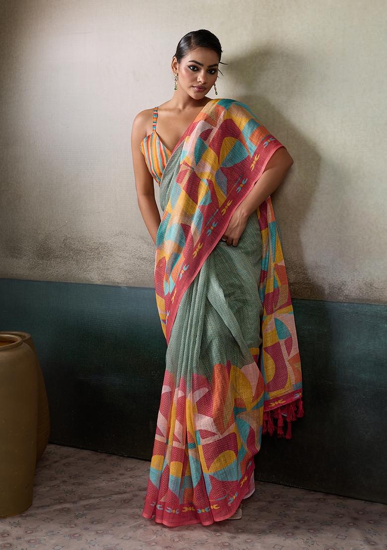 Multicolor Printed Linen Saree Set - Indya