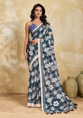 Green Printed Linen Saree Set