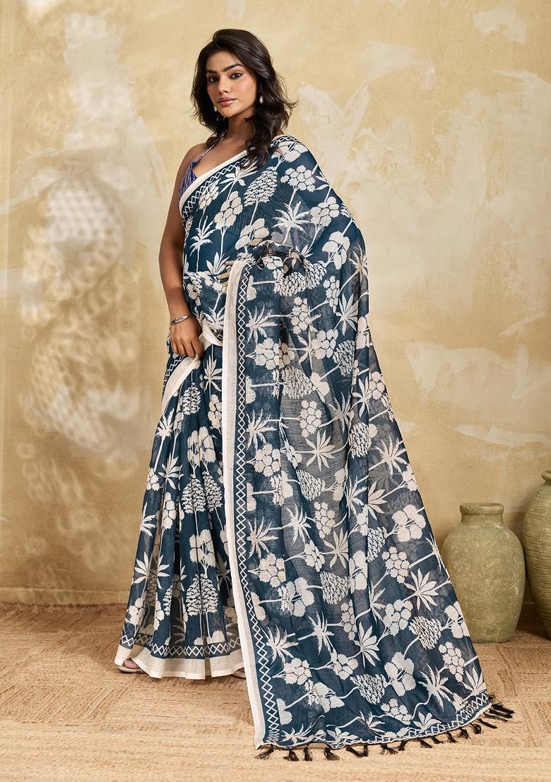 Green Printed Linen Saree Set - Indya
