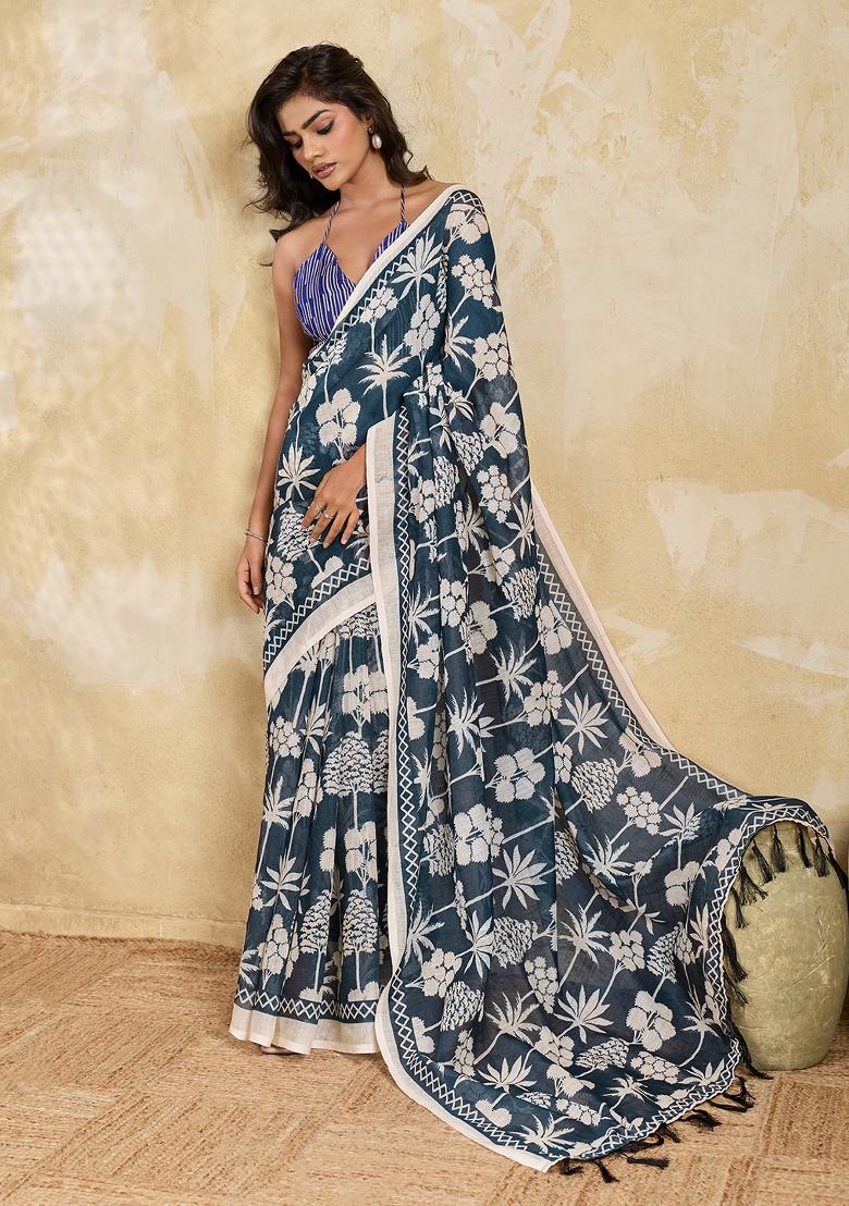 Green Printed Linen Saree Set - Indya