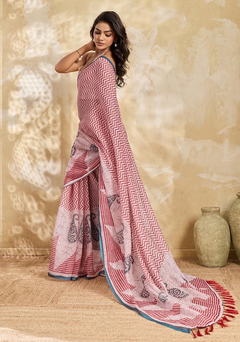 Multicolor Printed Linen Saree Set - Indya