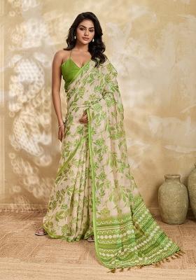 Green Printed Linen Saree Set
