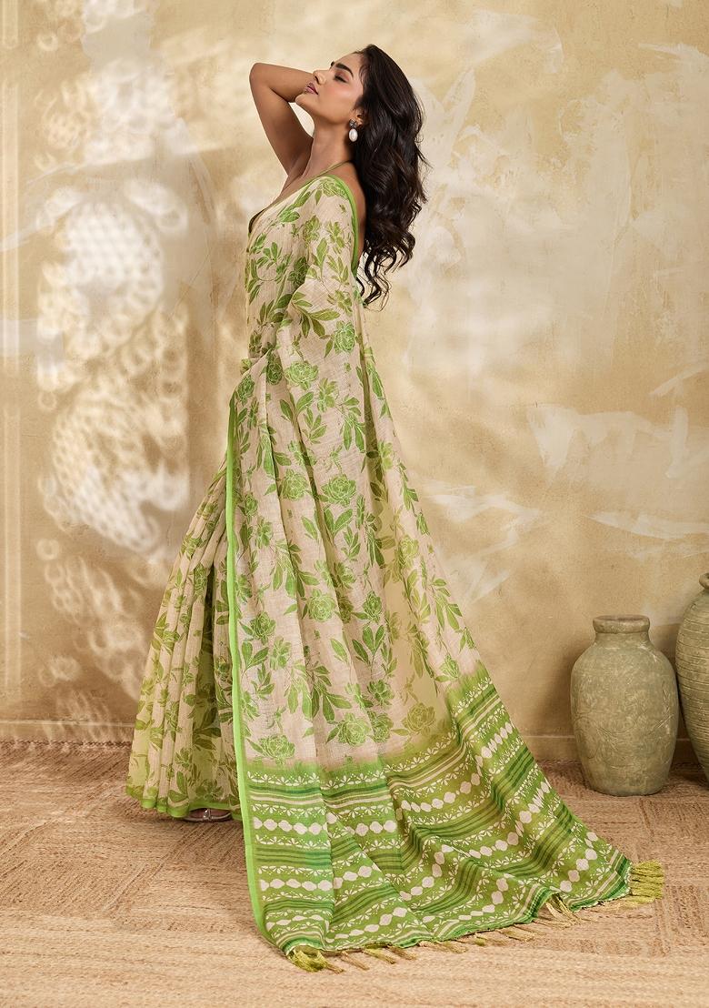 Green Printed Linen Saree Set - Indya