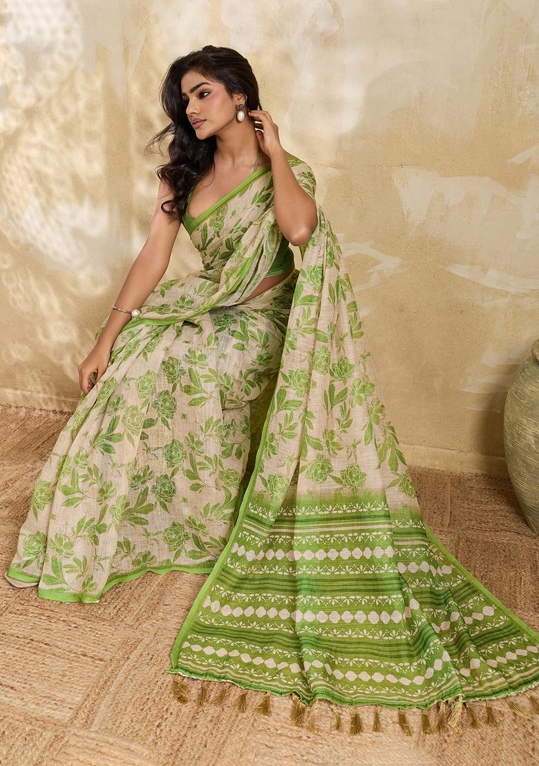 Green Printed Linen Saree Set - Indya