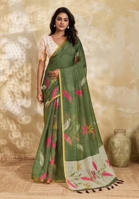 Multicolor Printed Linen Saree Set