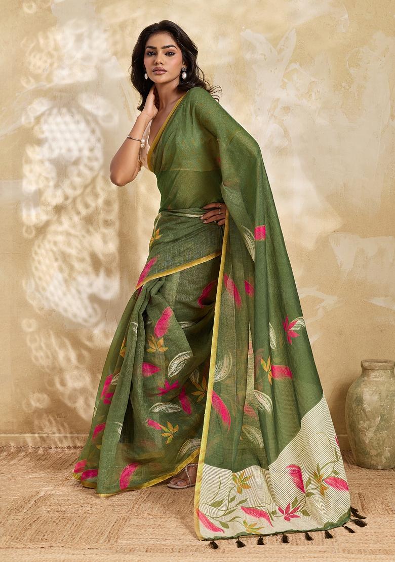 Multicolor Printed Linen Saree Set - Indya