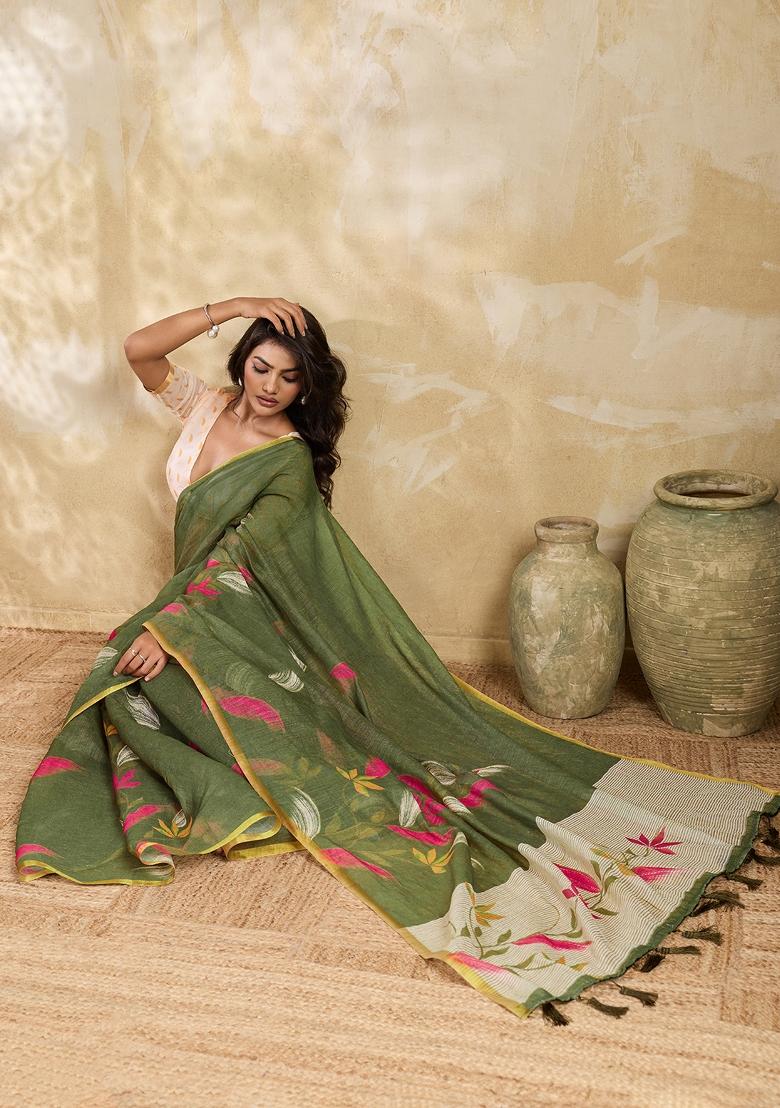 Multicolor Printed Linen Saree Set - Indya